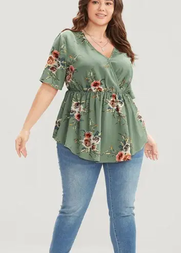 Bloomchic 761 Floral Print Wrap Ruffles Asymmetrical Hem Blouse Sage Green size 12 NWT