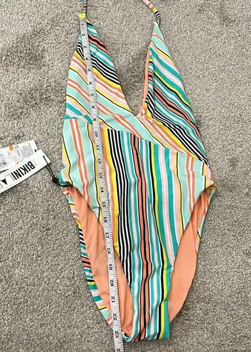 The Bikini Lab New Small Blue, Orange Asymmetrical Plunge Halter One Piece Swim Suit