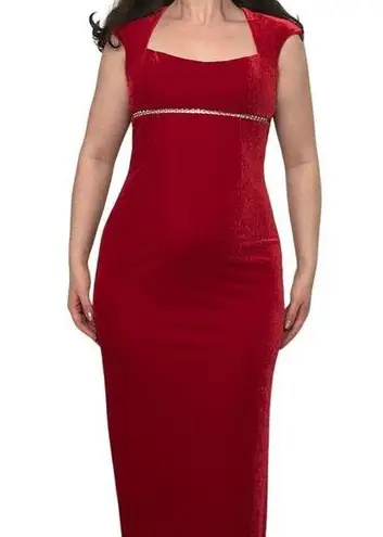 Vintage 90s Sz 4 Red Velvet Rhinestone Empire Waist Cap Sleeve Maxi Dress Gown