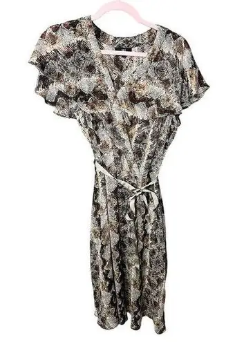 JBS Sheer Faux Wrap Style Dress Bow Ribbon Belt Snake Print Browns Y2K VNeck 14W Brown
