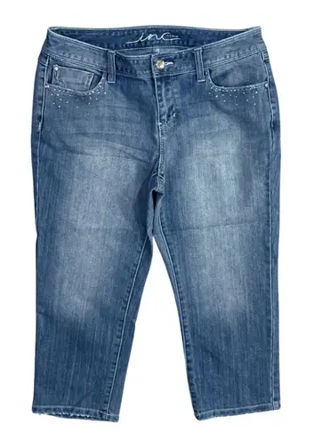 INC Denim Capri Jeans Rhinestone Bling Size 10P Petite Faded Stretch