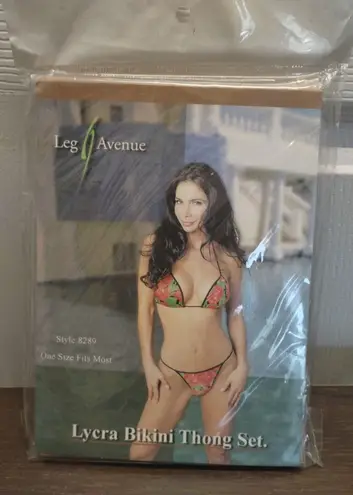 Leg Avenue One Size Fits Most Tropical Floral Lycra Bikini Thong Set Style #8289