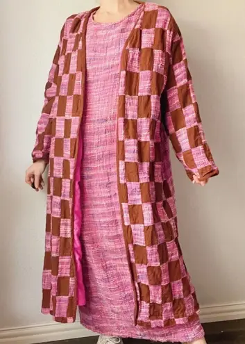 Vintage MOLATO Silk Pink Tweed Patchwork Hippie 70s Maxi Dress Duster Jacket Size M