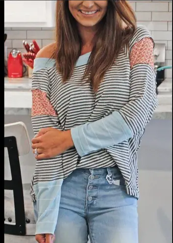 Ces Femme Striped Patchwork Print Long Sleeve Knit Top, EUC, Size Small Black