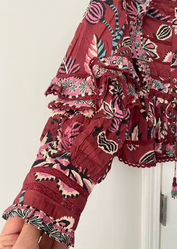 Farm Rio Mock Neck Button Front Ruffled Blouse, Size XXS