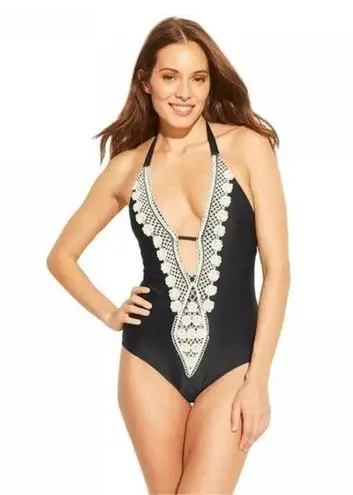 Mossimo NWT Black Crochet Lace One Piece Open Back Swimsuit Size XL
