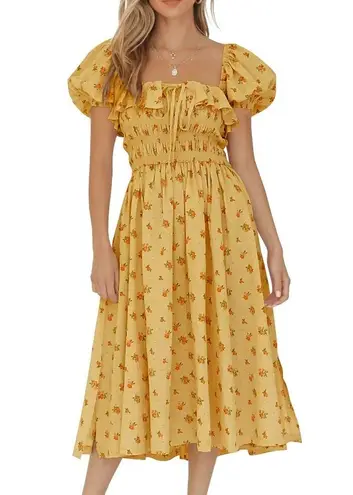 R. Vivimos Floral Print square neck Puff Sleeves Ruffles Midi Dress size M NWT Size M