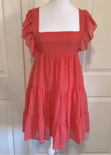 Coral chiffon ruffle tiered apron tie open back mini dress small Red