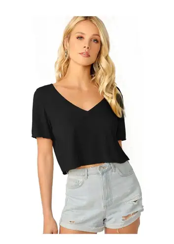 Verdusa Women's Solid V Neck Crop T Shirt Top Causal Short Sleeve Tee Top Size S Black