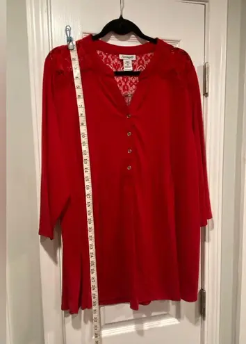 NWT Serengeti Size 1X Red Lace 3/4 Sleeve Henley Pintuck Pleated Tunic Top