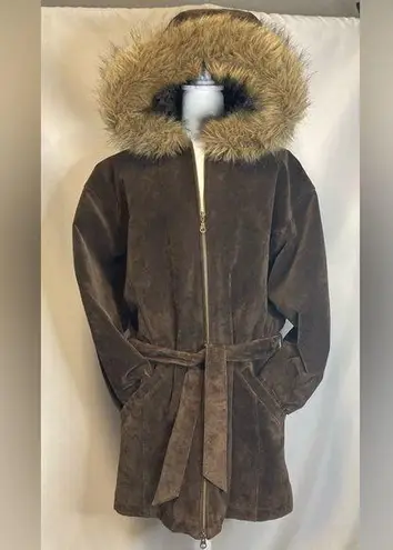 Wilson Adventure Bound Leather Jacket Womens S Belted Lined Faux Fur Hood Boho Brown