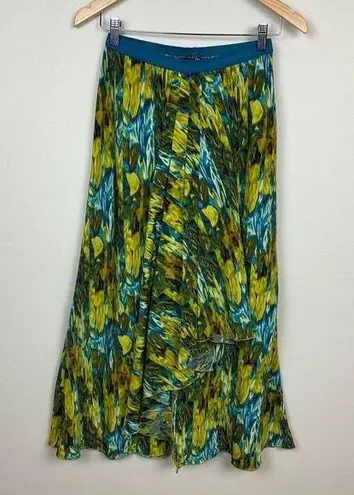 Nic+Zoe Maxi Skirt XS A-Line Drape Pleat Green Abstract Front Slit Stretch Waist