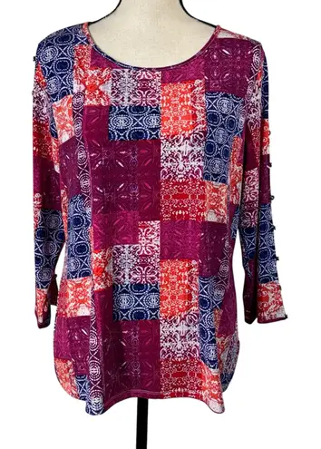 Investments Large Top Abstract Stretch 3/4 Keyhole Sleeves Round Neck Multicolor