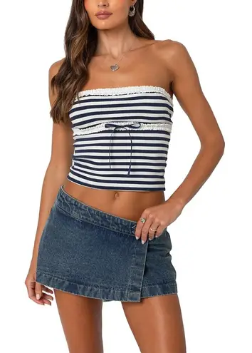 Edikted Stripe Lace Trim Tube Top in Navy-and-white Size Small