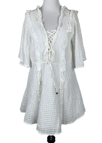 INDIKAH by Angel Biba White Ruffled Lace-Up Dress With Sleeves XS