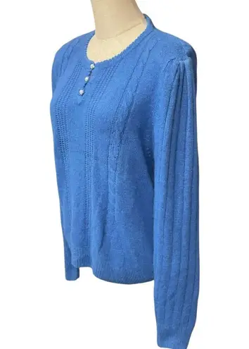 Rebecca Lynn Henley Front Long Sleeve Crew Neck Knitted Trendy Sweater Blue Sz M Size M