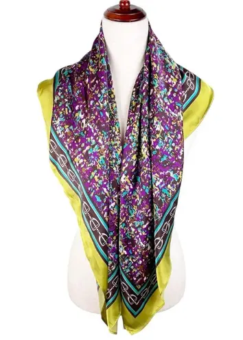 Vintage Oversized Silky Satin Square Scarf Equestrian Print Purple Green Speckle