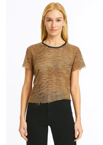 IRO Lamb skin animal print crew neck raw hem & sleeves T-shirt tan brown medium