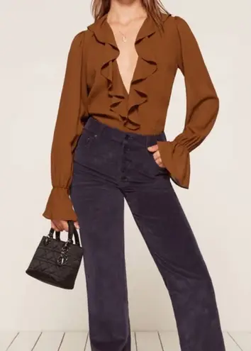 Reformation  Brown Ruffle‎ Penny Bodysuit Size Medium - Image 1