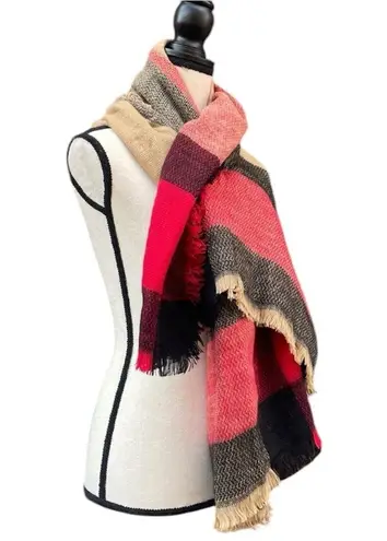 Oversized Plaid Fringe Warm Cozy Winter Fall Scarf Red Black Tan