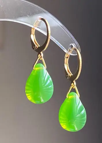 Handmade green opal teardrop Czech glass simple minimalist earrings💚