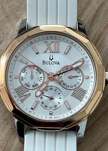 Bulova Ladies Chronograph Style Watch Silver Dial Rose Gold Case Date Dial
