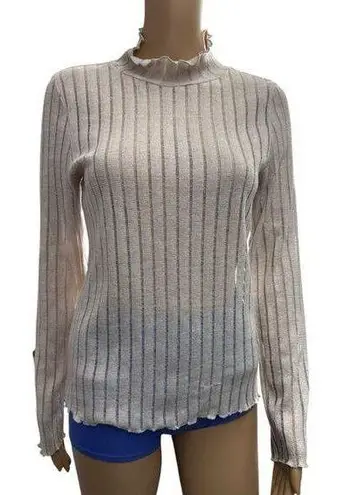 Pilcro Semi Sheer Metallic Knit Lettuce Hem Beige Mock Neck Sweater Size Medium Tan