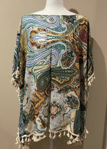 Green and Blue Swirling Accent Poncho with Fringe Size undefined - Image 1