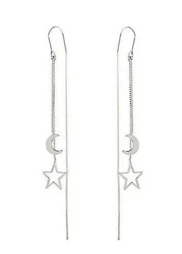 Silver Moon Star Threader Long Tassel Earring Chain, Drop Dangle Woman Earrings