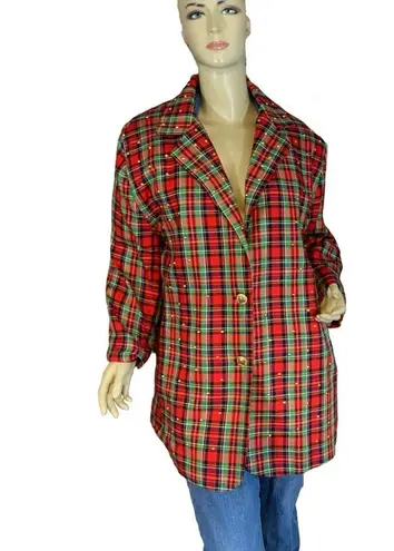 VINTAGE 1990'S SHERRY PHILIPS RED PLAID & GOLD STUDDED BLAZER (2X)