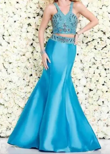 Shail K  Ornately Beaded 2 Piece Mermaid Formal Prom Dress Gown, Turquoise, sz 10