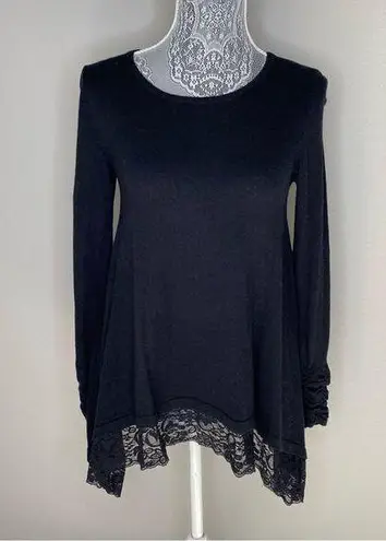 Alfani Women Wool Blend Lace Trim Asymmetrical Hem Gathered Sleeve Swing Sweater