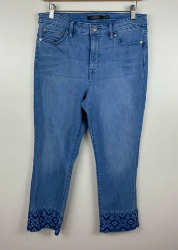 Lauren Ralph Lauren Premier Straight Leg Crop Jeans Blue Aztec Embroidery Sz 10