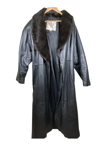Vtg Laura Winston Collection XL Black Leather Trench Coat Fox Fur Collar