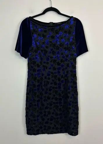 T Tahari | Blue and Black Velvet Floral Shimmery Dress Size Small