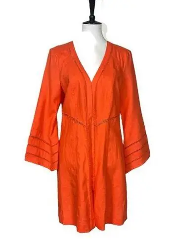 Lena Gabrielle Linen Long Jacket Bell Sleeve Open Front Coral Women’s Size 10 Orange