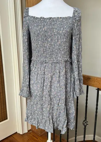 Prómesa PROMESA NWT Floral Light Blue Gray boho smocked ruffle dress L bell sleeves