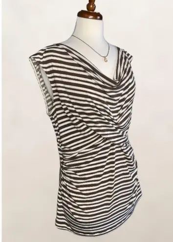 Chaus Brown & White Striped Cawl Neck Cap Sleeves Cinched Sides Top L Size L