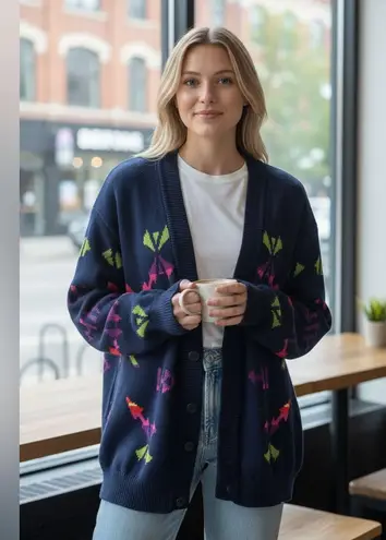 United Colors Of Benetton RETRO 90s Navy Cardigan with Bright Pattern Size m/l