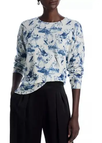 C by Bloomingdale's Cashmere Toile Crewneck Sweater Blue Cream Size XL