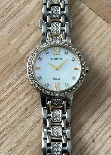 Seiko Solar Ladies Watch Crystal Embellishments Pearl Dial Two-Tone Bracelet