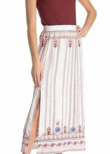 Johnny Was Los Angeles Frederique Embroidered Side Slit Linen White Maxi Skirt