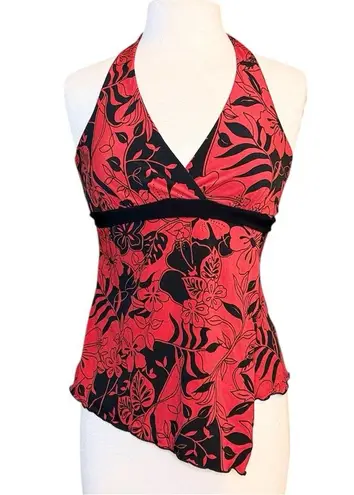 Tempted Y2K Halter Top Sleeveless Red Black Floral Asymmetrical M Medium S Small