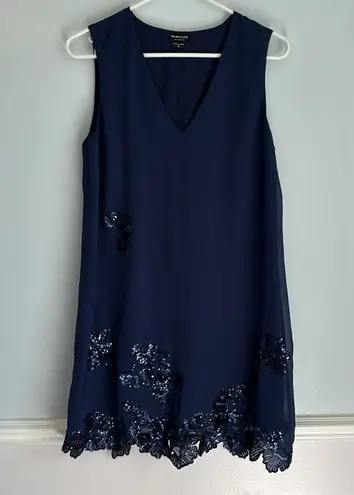 Marciano Midnight Blue Sequin Mini Shift Dress V Neck Formal Floral Size Small