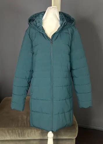 Swiss Tech Women’s Blue Green Puffer Jacket Hooded Quilted Design Size L 12/14 Blue Size L