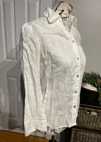 Dress Barn  Vintage 100% Linen Fit Bodice Button Down shirt pocket blouse V-neck collar summer Beach travel vacation office rustic prairie boho western Cottage Coastal Western