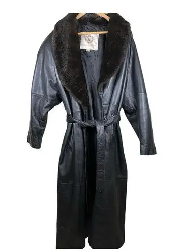 Vtg Laura Winston Collection XL Black Leather Trench Coat Fox Fur Collar