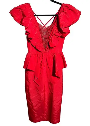 VTG Climax 80s David Howard Red Party Prom NYE Dress Ruffles Dramatic 3/4 *XXS