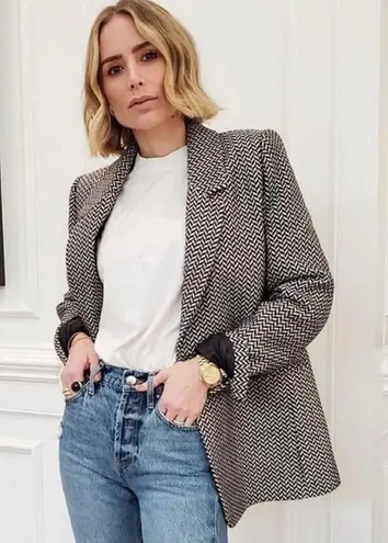 ANINE BING ππ Fishbone Blazer ~ Wool Blend Black & Off-White Print XS