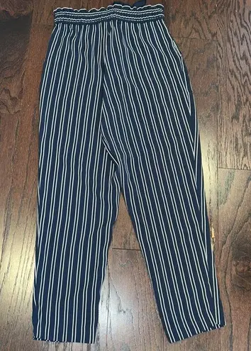 ZARA  Women’s Navy Blue & White Striped Paper Bag Tie Waist Stretchy Pants